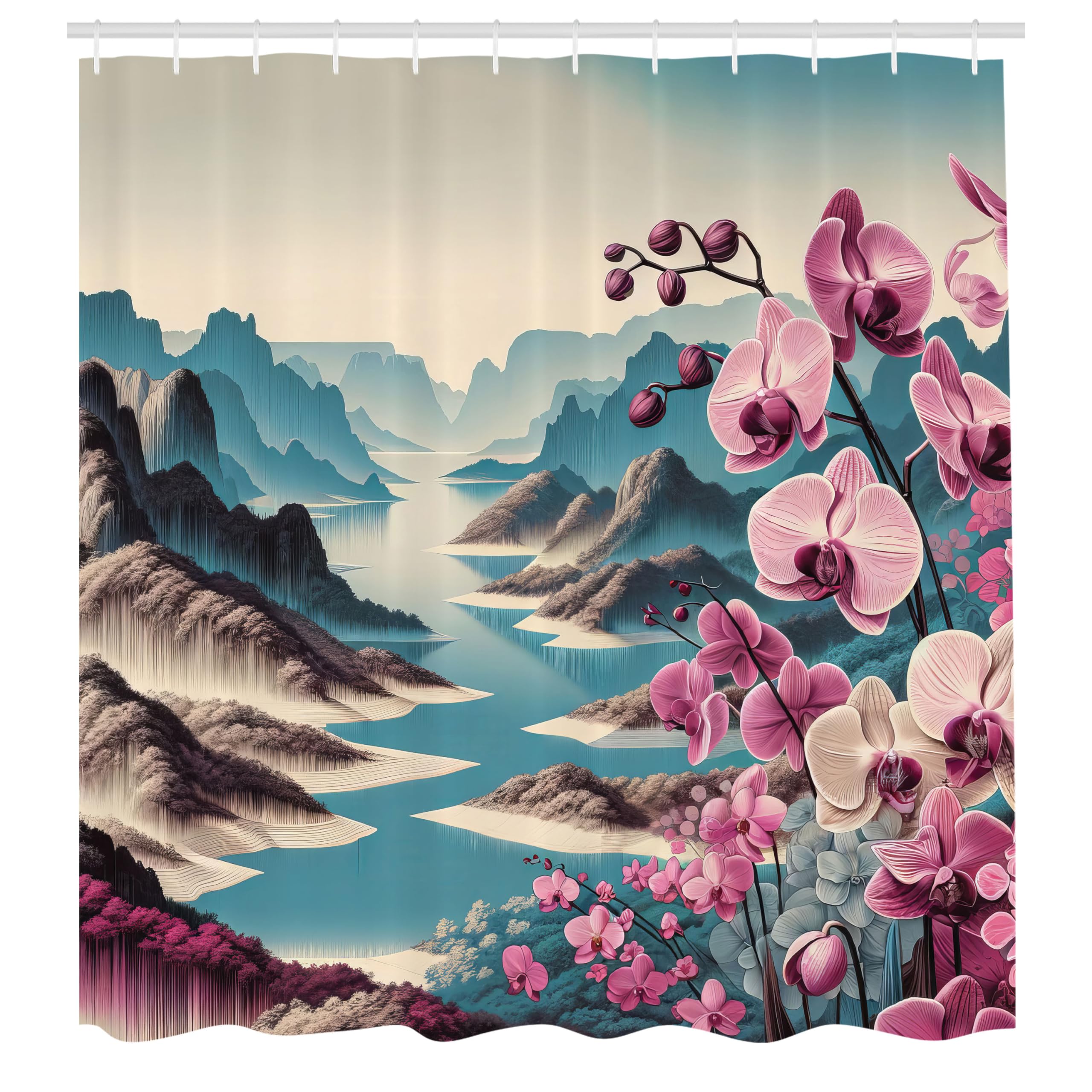 Ambesonne Lake Shower Curtain, Panoramic Spring Landscape Earthy Cliffs And Mountains With Orchids, Cloth Fabric Bathroom Decor